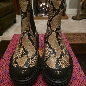 Tory Burch Black and Tan Snake Print Boots